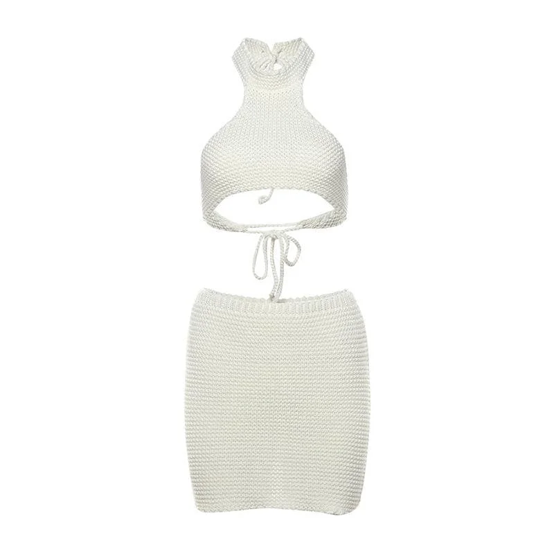 Halter self tie knitted backless mini skirt set linen skirt relaxed