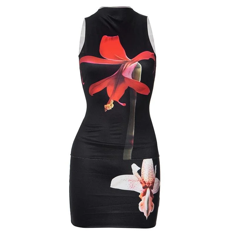 High neck sleeveless flower print mini skirt set silk skirt lustrous