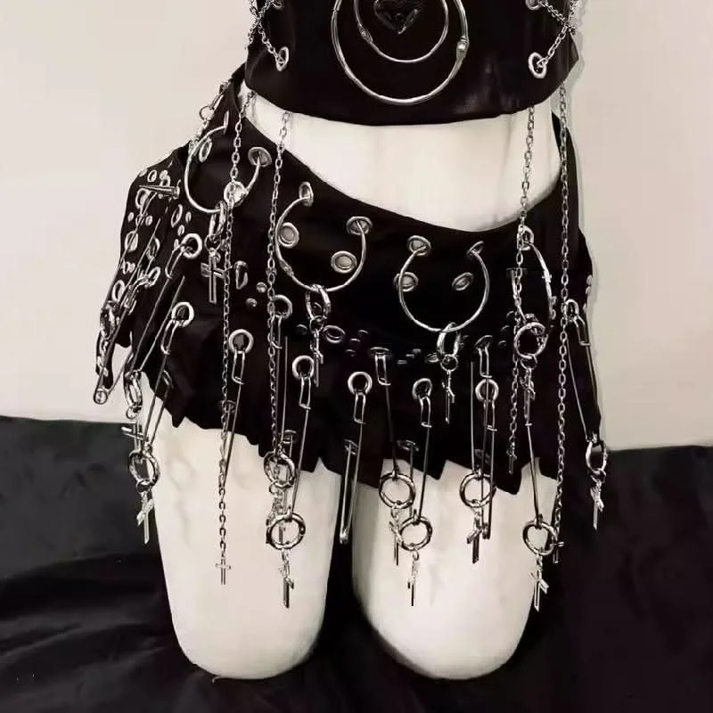 Hollow out o ring cross applique pleated A line cut out mini skirt lace skirt delicate