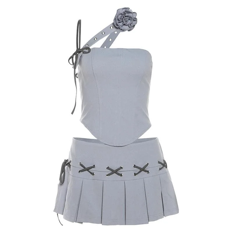 Irregular flower applique pleated mini skirt set silk skirt elegant