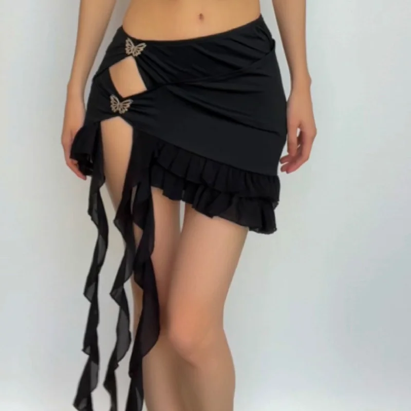Irregular hollow out ribbon butterfly applique solid ruffle cut out mini skirt button skirt front