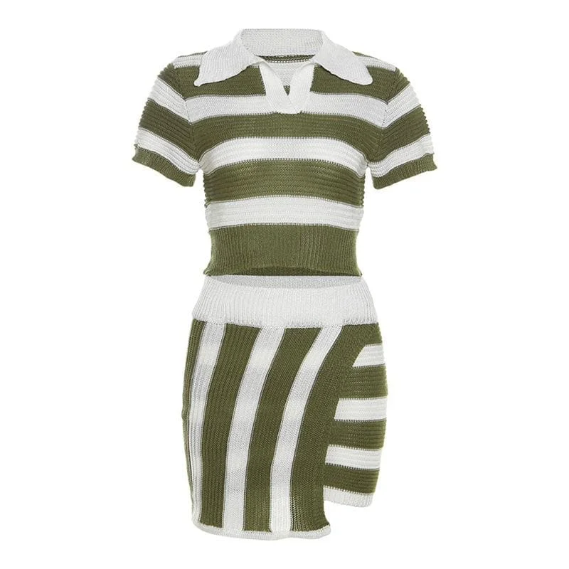 Irregular turnover collar short sleeve striped knitted mini skirt set asymmetrical skirt cut