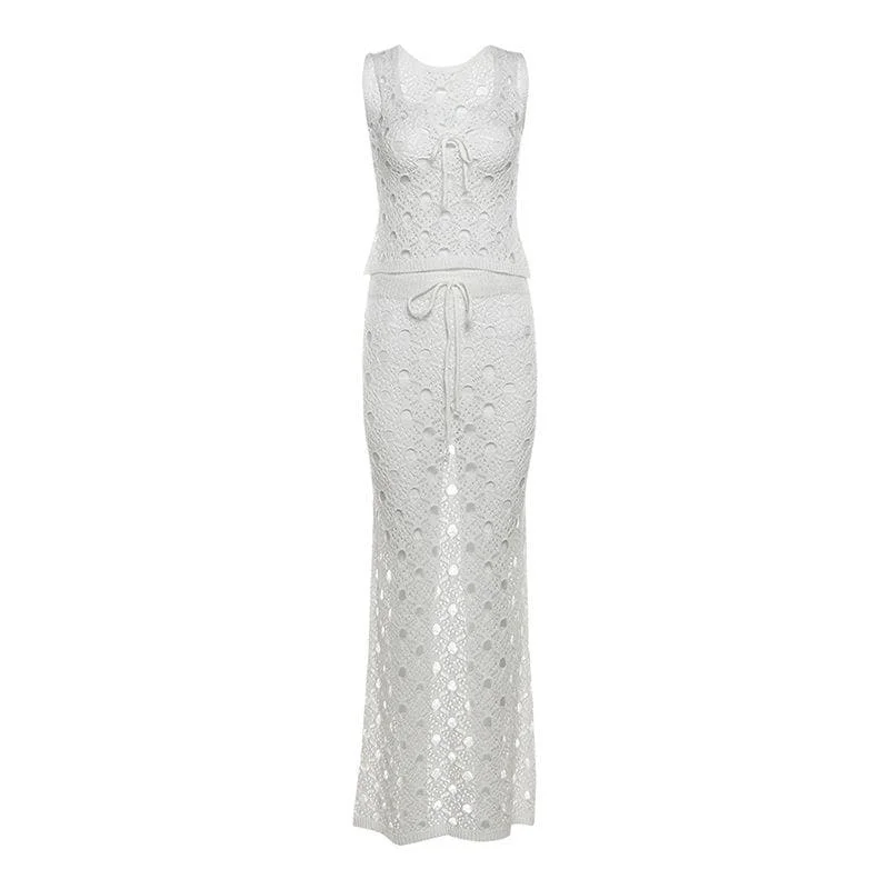 Knitted hollow out bowknot tank maxi skirt set tulle skirt dreamy