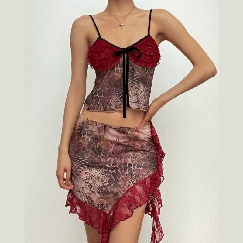 Lace hem contrast leopard print irregular self tie cami mini skirt set wool skirt thick