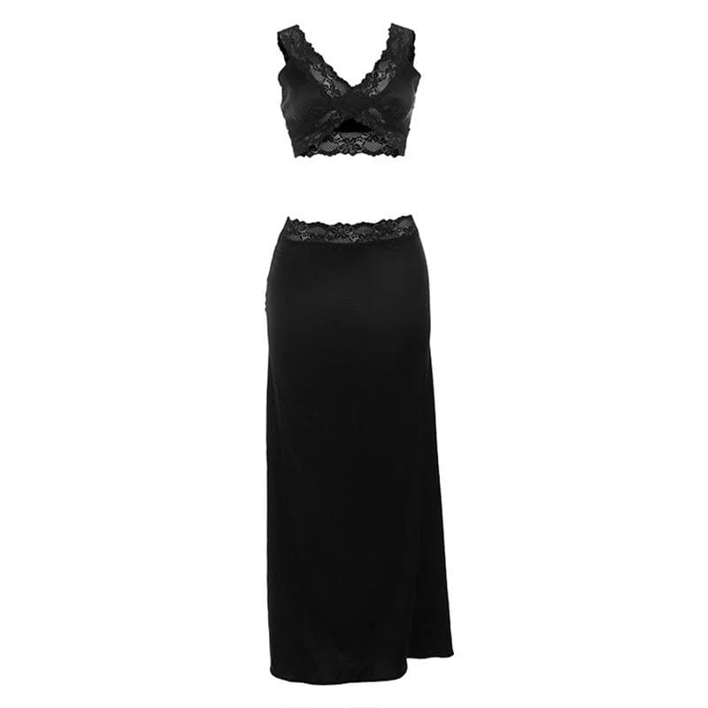 Lace hem patchwork v neck solid tank maxi skirt set patchwork skirt art