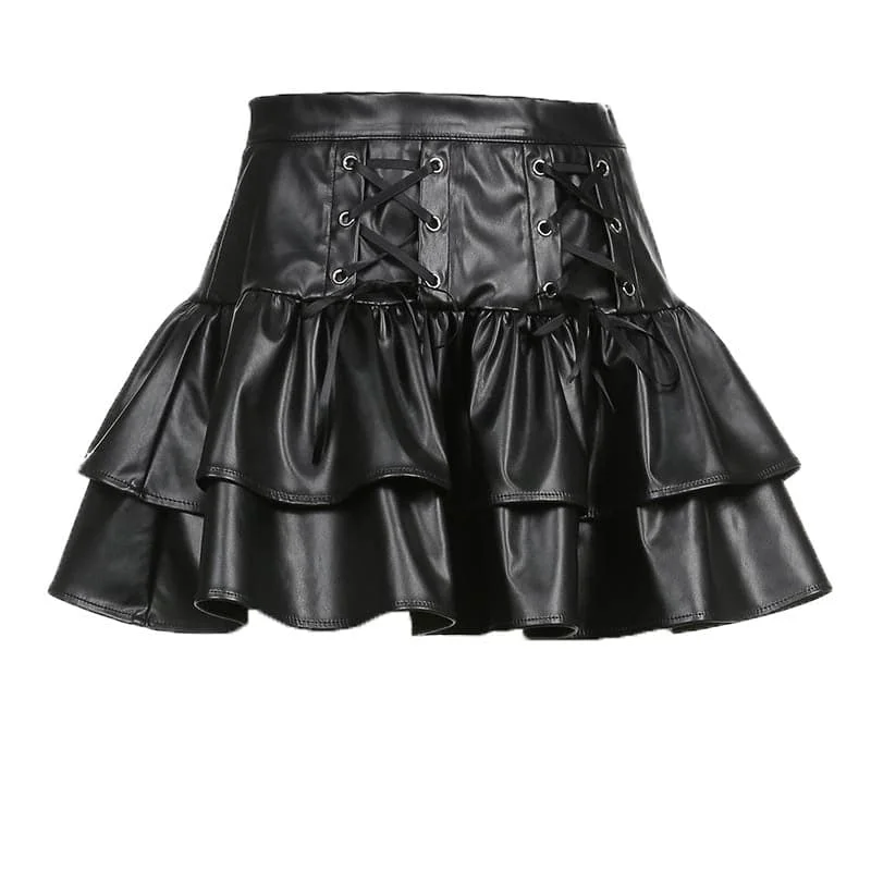 Lace up PU leather ruffle zip-up A line mini skirt floral skirt print