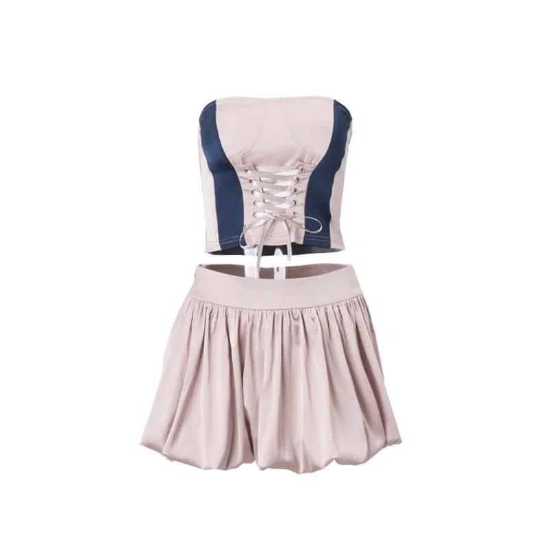 Lace up zip-up ruched A line tube mini skirt set denim skirt classic