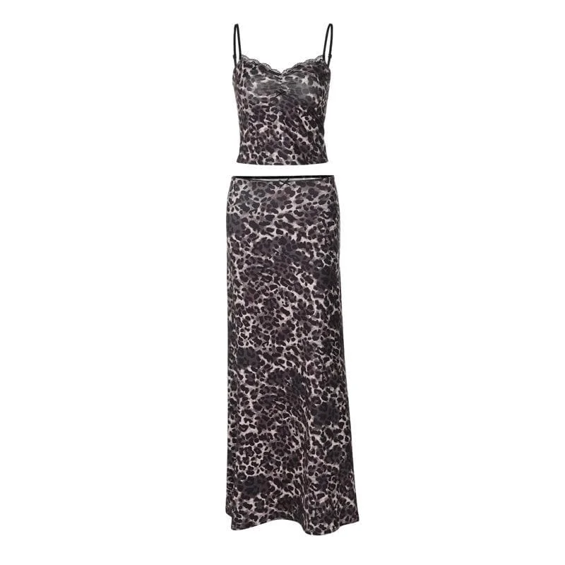 Leopard print lace hem cami maxi skirt set chiffon skirt flowing
