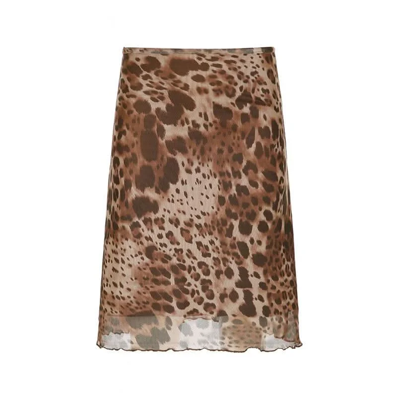 Leopard print mesh low rise midi skirt lace skirt feminine