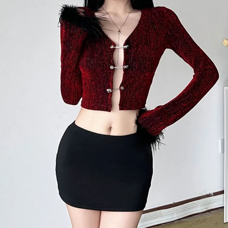 Long sleeve fluffy button zip-up crop mini skirt set relaxed fit skirt