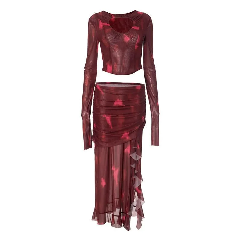 Long sleeve hollow out mesh ruched slit maxi skirt set chiffon skirt airy