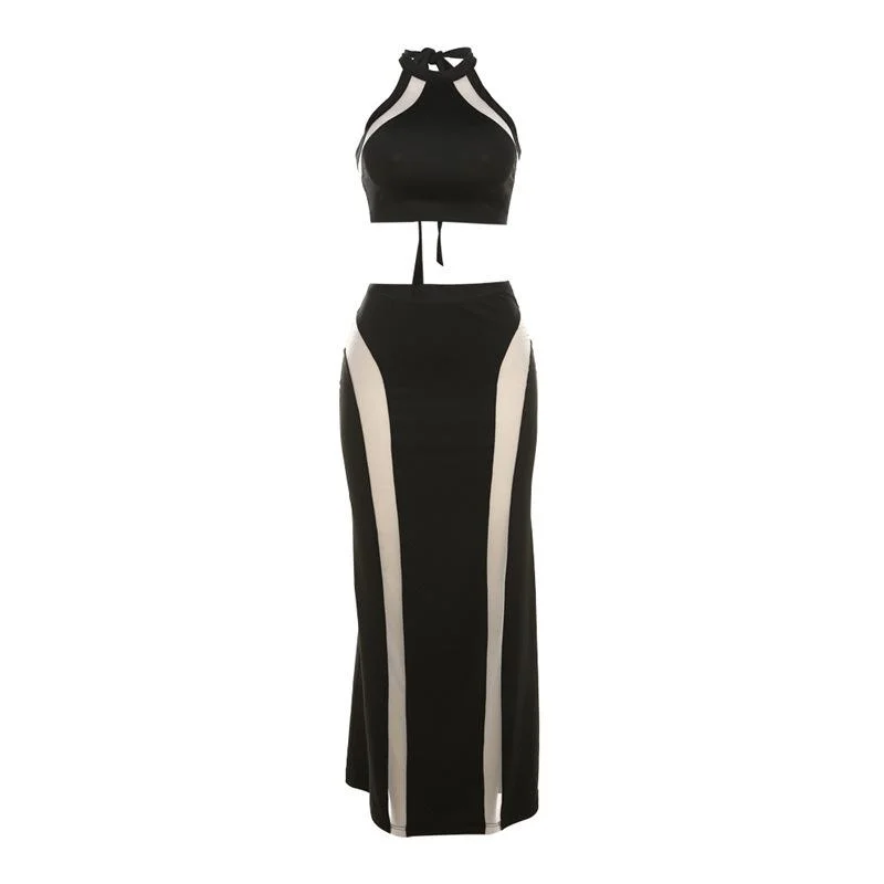 Mesh patchwork halter self tie backless maxi skirt set satin skirt smooth