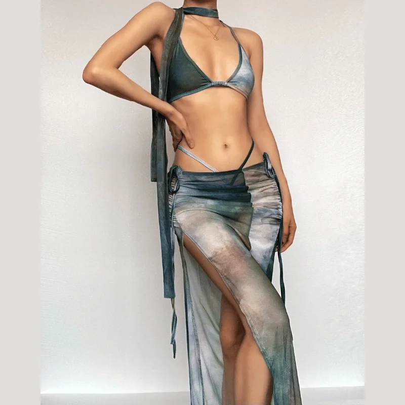 Mesh tie dye halter self tie backless ruched slit maxi skirt set chiffon skirt airy