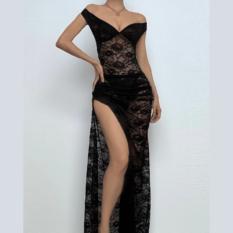Off shoulder lace backless see through maxi skirt set velvet skirt sumptuous