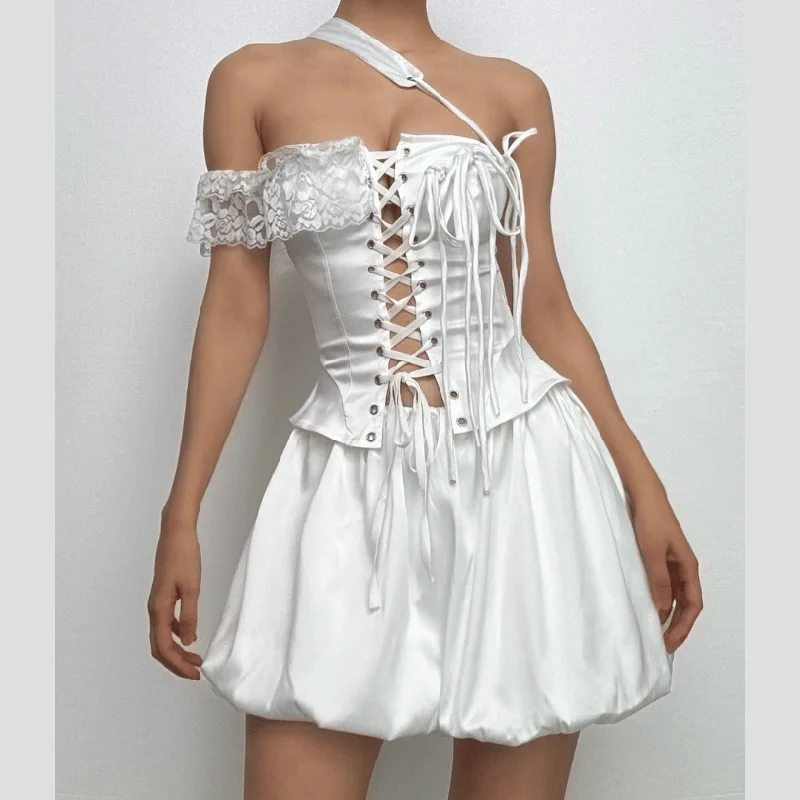 One off shoulder irregular lace up satin ruffle puff skirt set summer skirt style