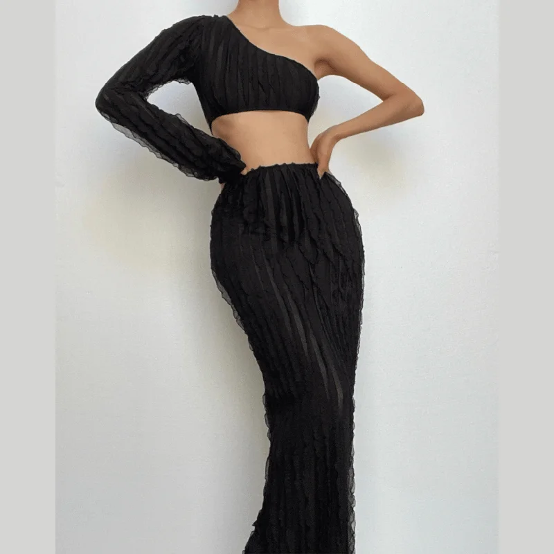 One shoulder long sleeve irregular ruffle textured maxi skirt set leather skirt sleek