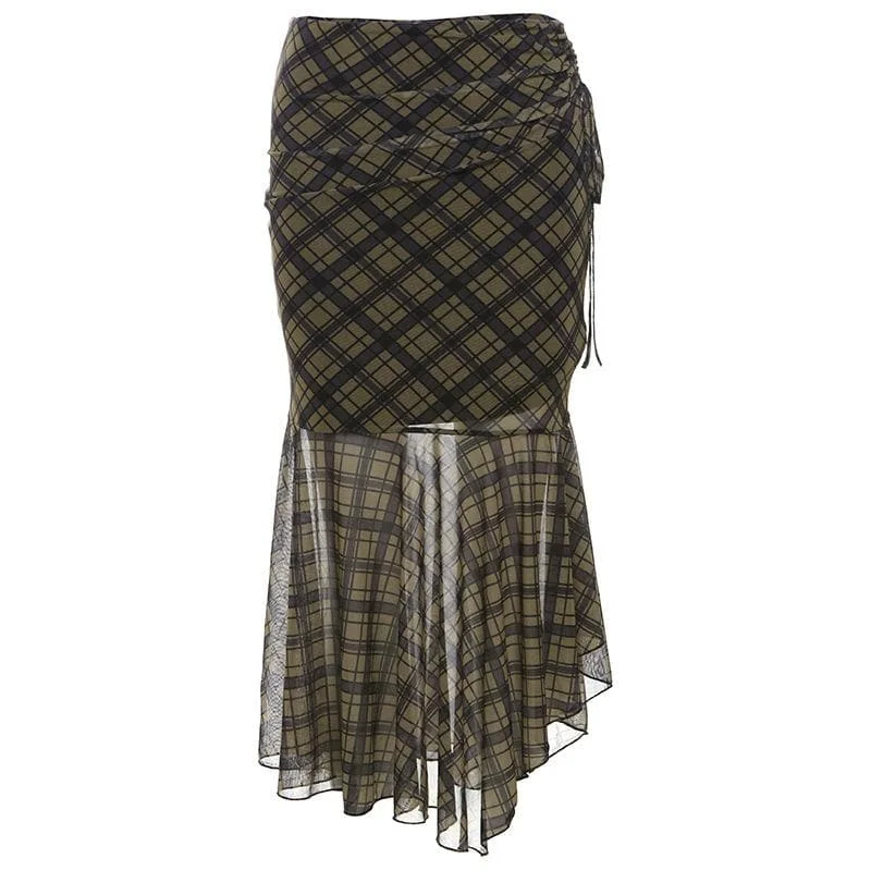 Plaid ruched drawstring mesh irregular midi skirt denim skirt durable