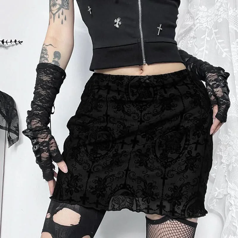 Print mesh bowknot ruffle mini skirt low waist skirt