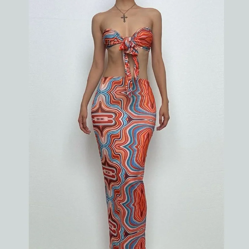 Printed cross halter backless skirt set zip skirt side