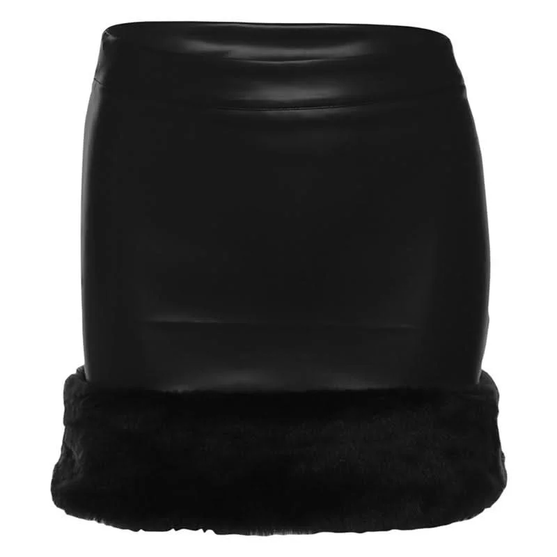 PU leather fluffy patchwork zip-up mini skirt wool skirt breathable