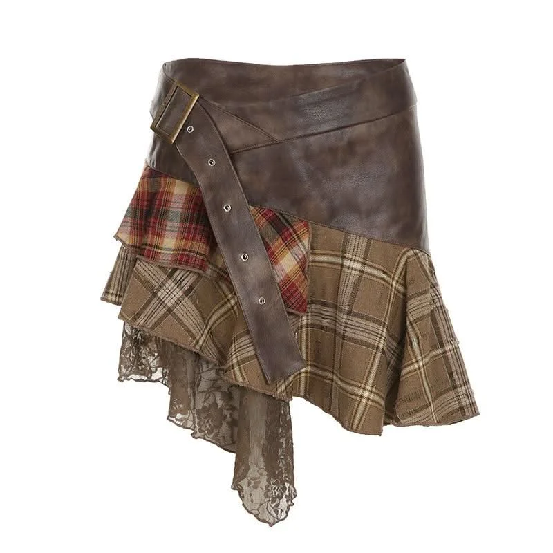 PU leather plaid patchwork belt lace hem mini skirt vintage skirt charm