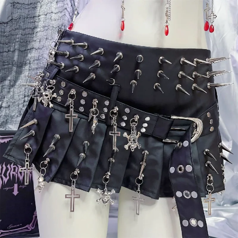 PU leather rivet belt cross pendant pleated mini skirt wool skirt warm