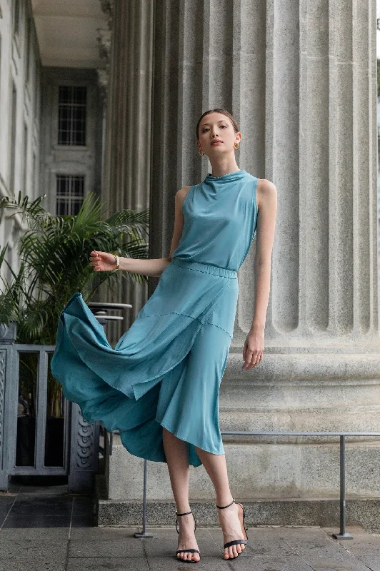 Pull-on Midi Wrap Skirt - Teal pleated skirt texture