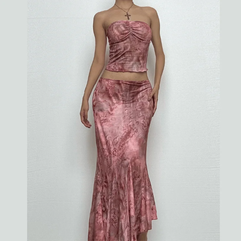 Ruched tie dye backless tube maxi skirt set silk skirt sleek