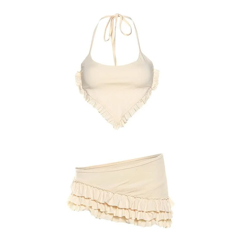 Ruffle halter self tie irregular u neck 3 piece mini skirt set linen skirt light