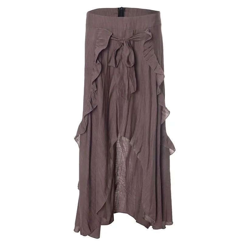Ruffle knotted zip-up maxi skirt corduroy skirt durable