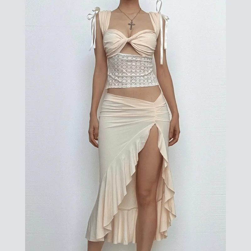 Ruffle ruched high slit hollow out ribbon cut out midi skirt set corduroy skirt textured