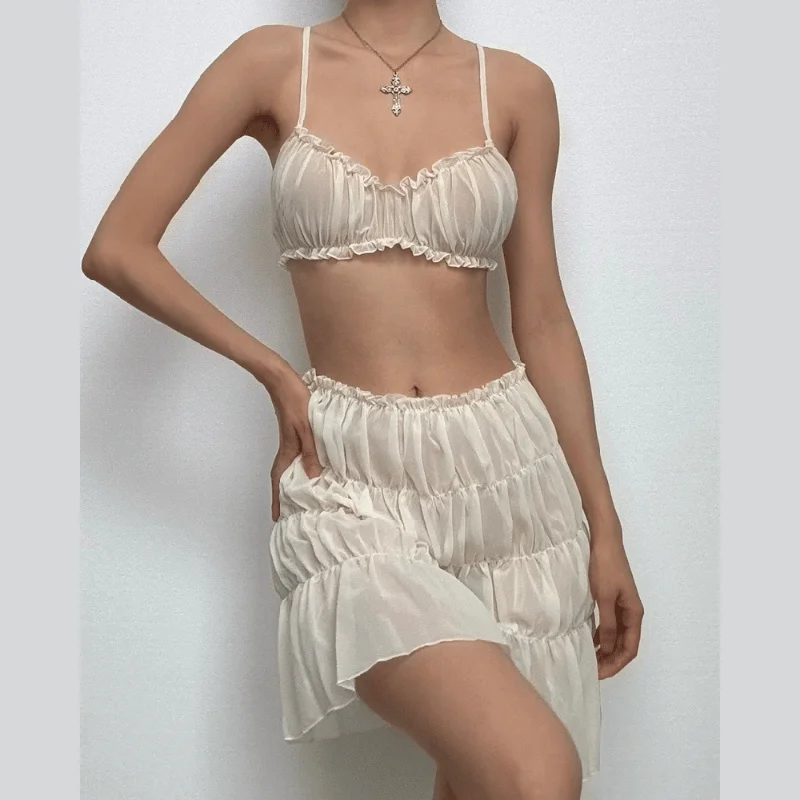 Ruffle ruched solid cami mini skirt set linen skirt natural
