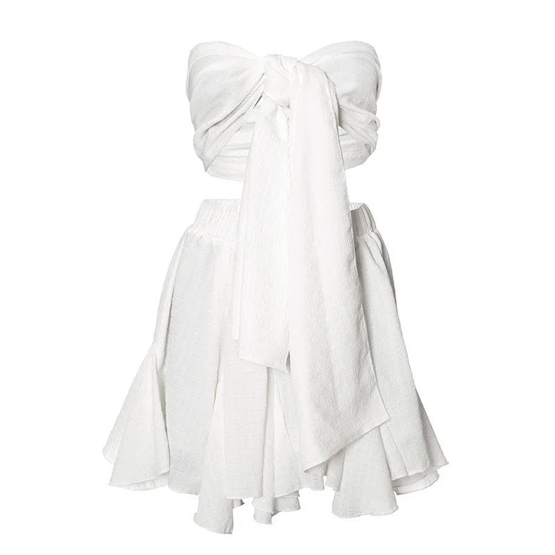 Ruffle textured bowknot tube mini skirt set relaxed fit skirt