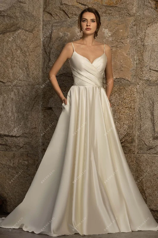 Satin Bridal Gown with Pleated Spaghetti Strap and Ball Gown Skirt leather skirt sleek