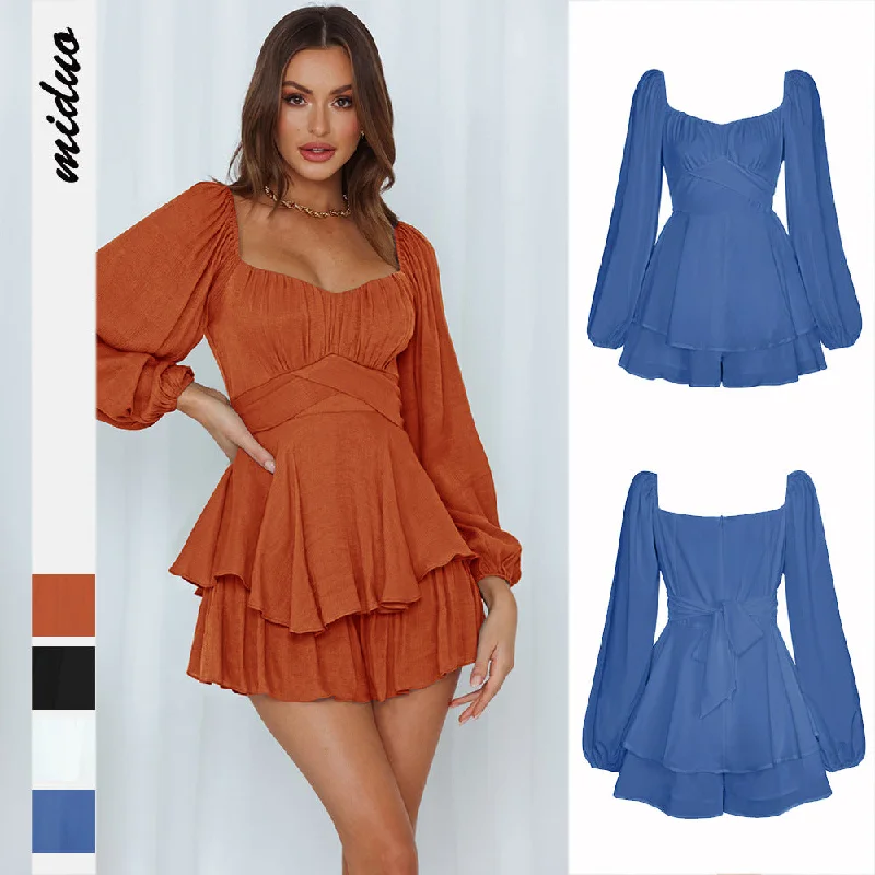 Sexy Square Neckline Long Sleeves  Short Jumpsuits Skirts maxi skirt elegant