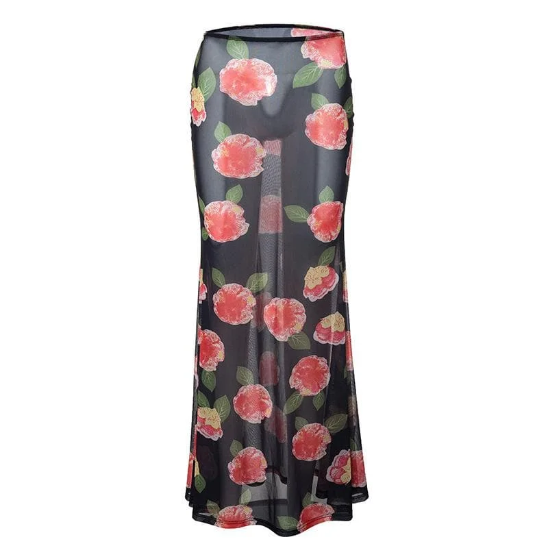 Sheer mesh flower print contrast maxi skirt denim skirt stylish