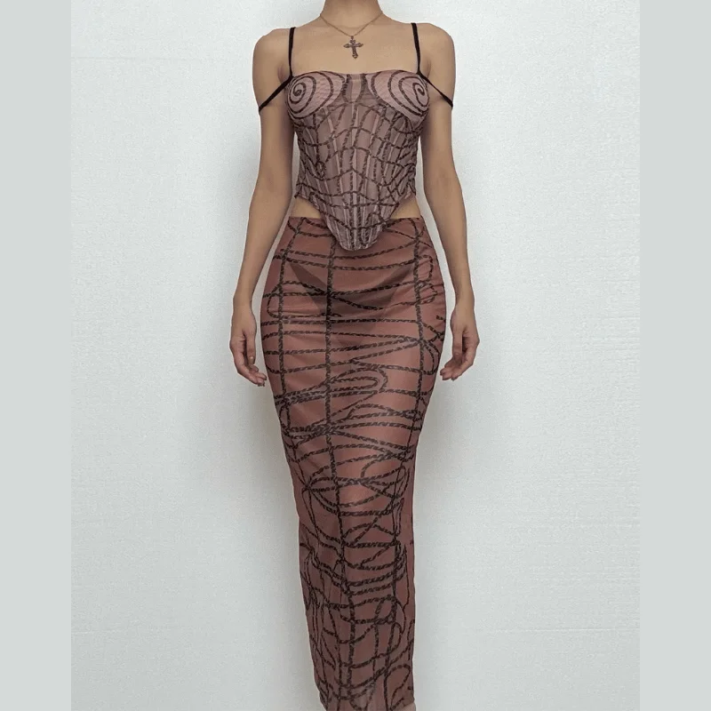 Sheer mesh striped print self tie cami midi skirt set midi skirt versatile