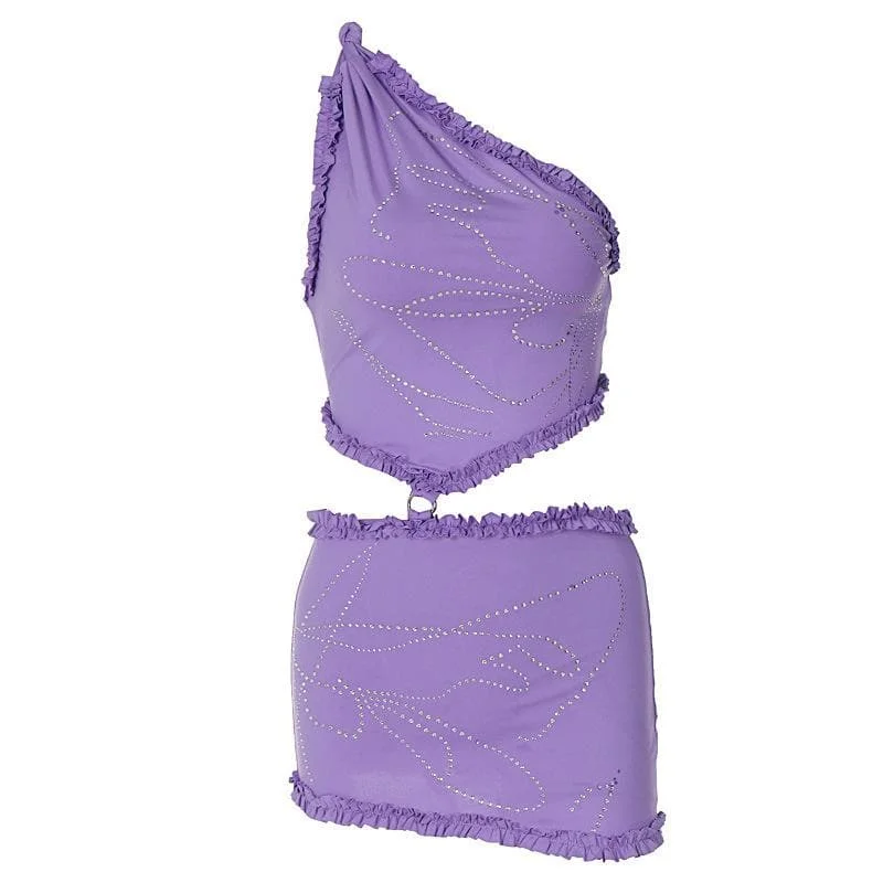 Sleeveless one shoulder ruffle beaded mini skirt set cashmere skirt rich