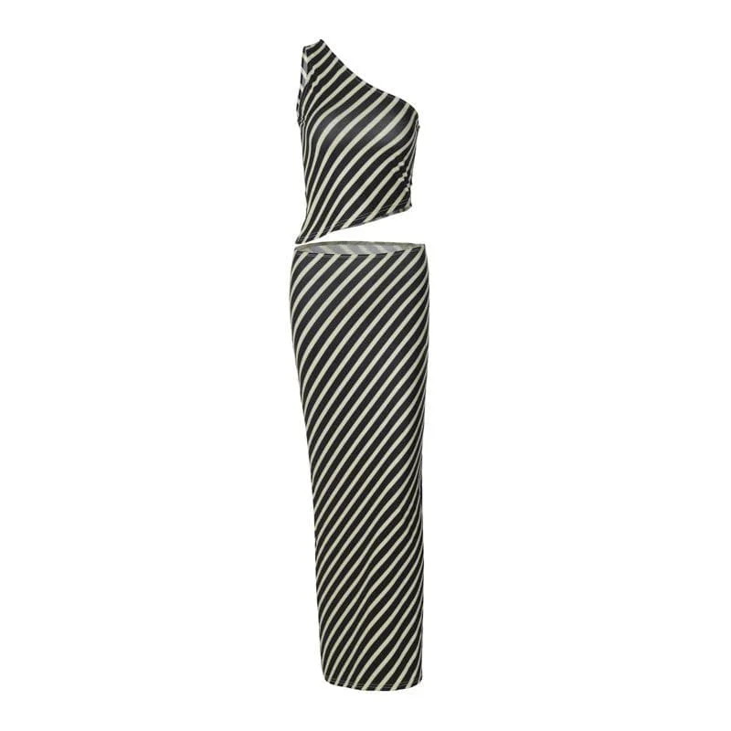 Sleeveless one shoulder striped irregular maxi skirt set denim skirt classic