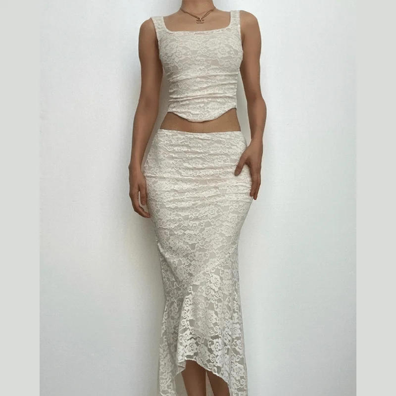 Sleeveless u neck backless lace up solid ruched midi skirt set leather skirt refined