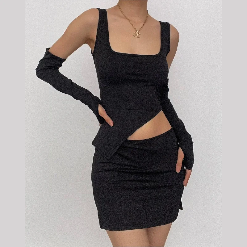 Sleeveless u neck solid irregular gloves crop top skirt set leather skirt bold