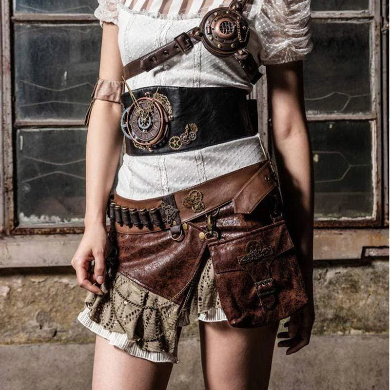 Steampunk short Wraparound Skirt With Pouch linen skirt natural