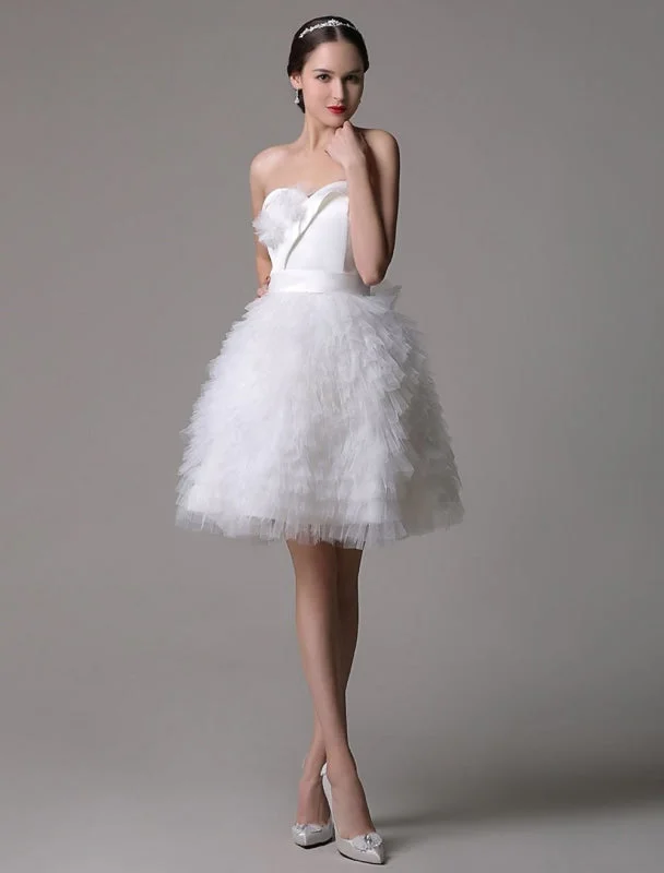 Strapless Sweatheart Satin Short Bridal Gown With Tulle Tired Skirt slim fit skirt