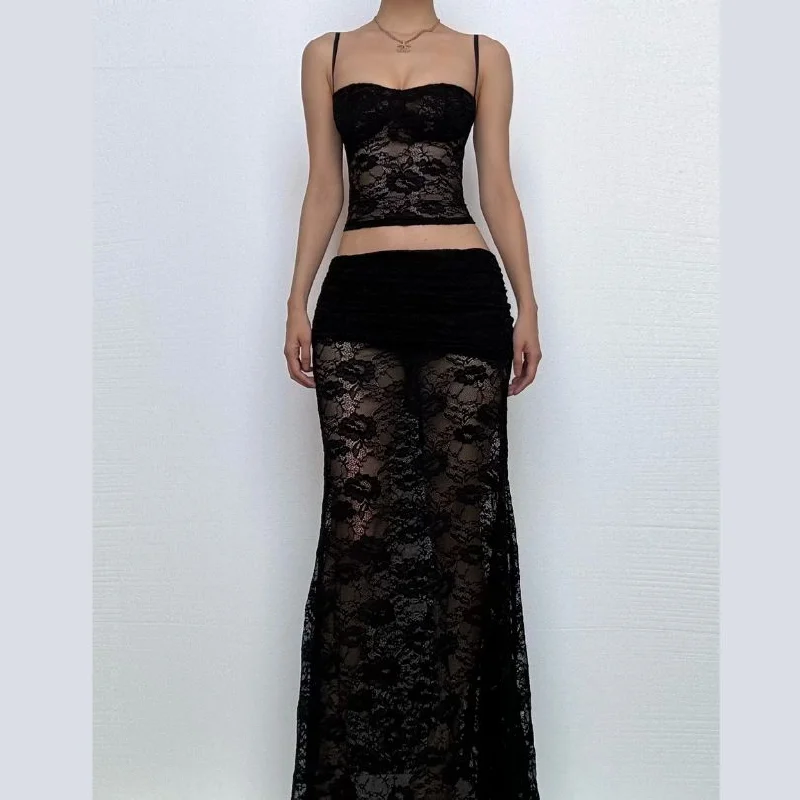 Sweetheart neck ruffle lace see through cami maxi skirt set breathable skirt fabric