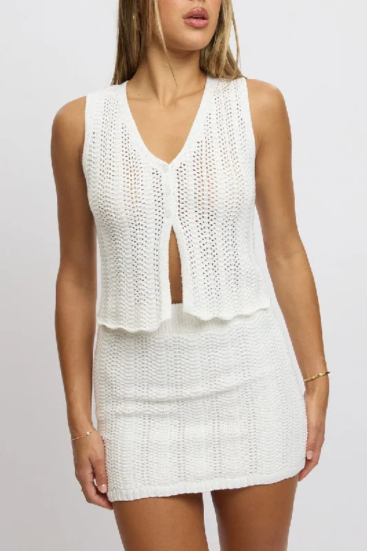 White Crochet Skirt High Waisted Mini Knit Lined lace skirt elegant