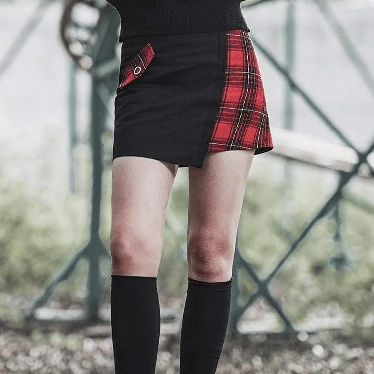 Women's Double-colored Irregular Hem Skinny Plaid Skirt vintage skirt charm