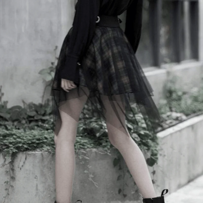 Women's Goth High-waisted Multi-layered Plaid Mesh Skirts chiffon skirt delicate