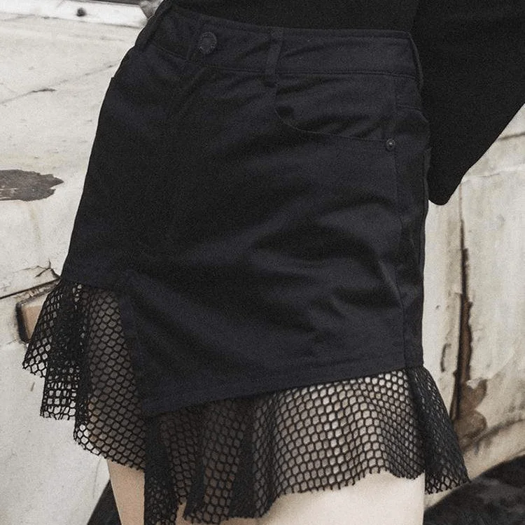 Women's Goth Mesh Ruffles Black Mini Skirt leather skirt bold