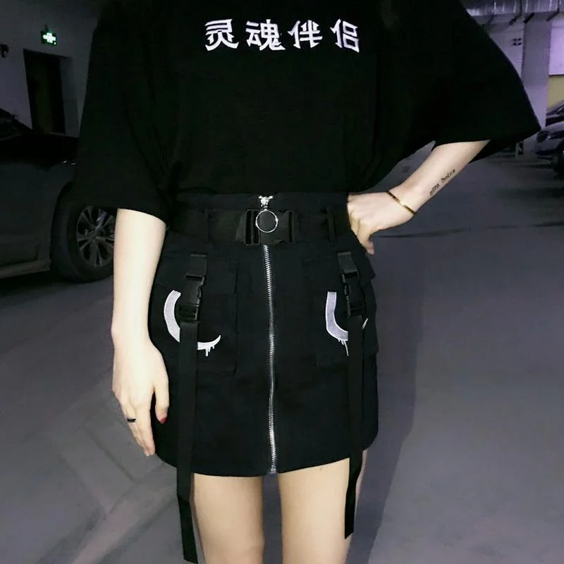 Women's Goth Moon Printed Front Zipper Mini Skirt With Pockets velvet skirt rich