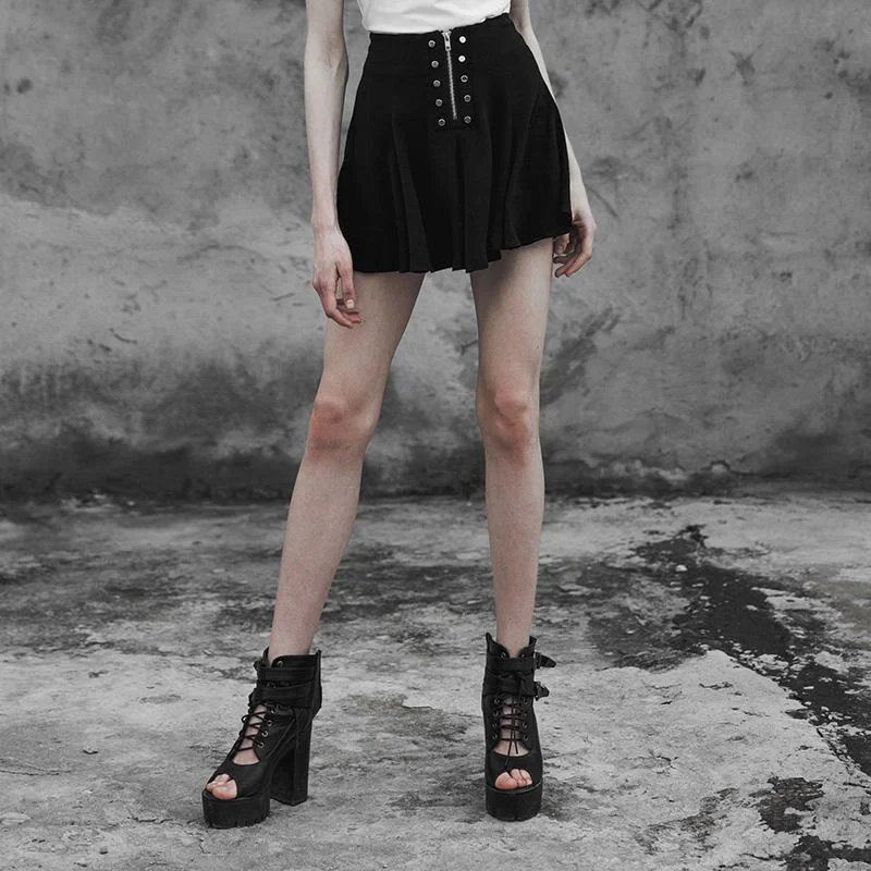Women's Goth Zip Up Mini Pleated Skirt casual skirt length